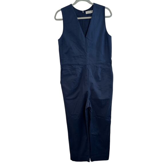 Everlane Structured Cotton V-Neck Jumpsuit in Navy Size 4 EUC Pockets Ankle - Picture 2 of 8